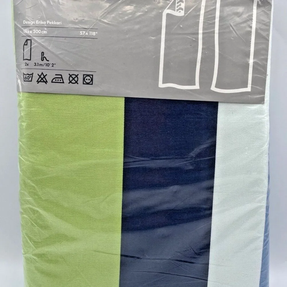 NWT IKEA Marienta Rand Green & Blue Curtain Panels 57